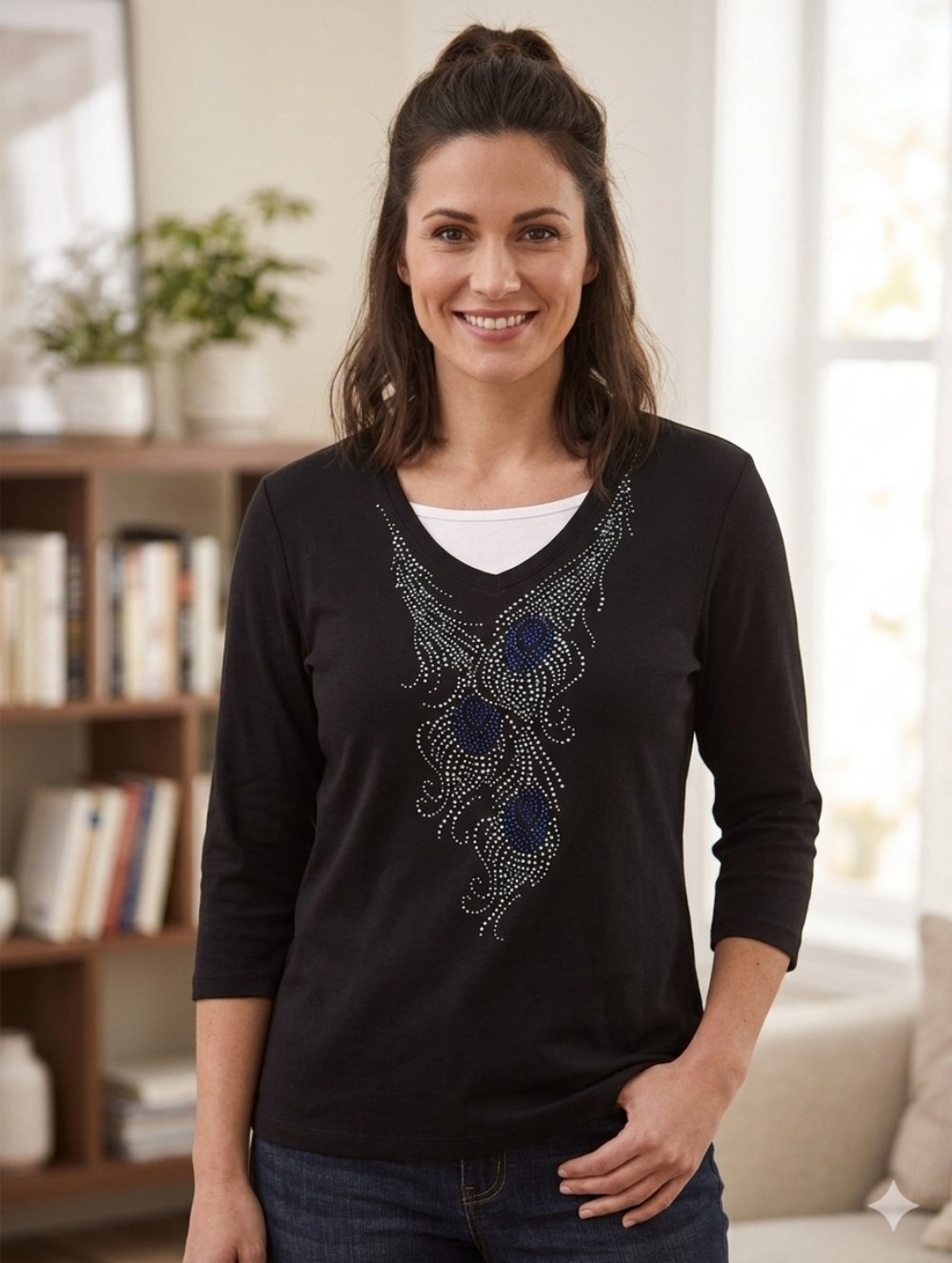 Trilogy by Morning Sun Black Peacock Rhinestone Top - 3/4 Sleeve - Size M
